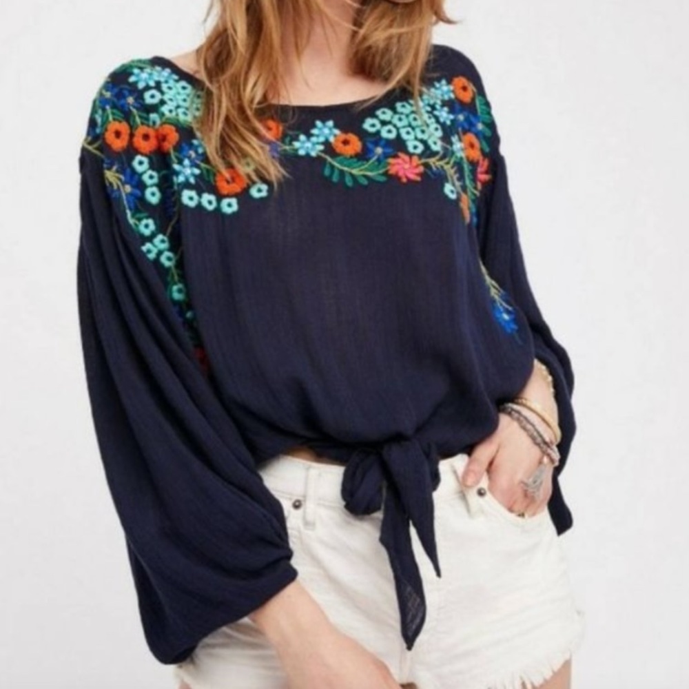 Free People Up & Away Embroidered Tie Front Top